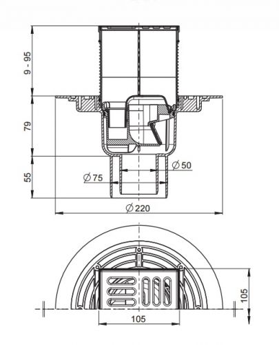 APV2321 Сливной трап 105 × 105/50/75, подводка – прямая, решетка – нержавеющая сталь, гидрозатвор Alca Plast в Лабинске